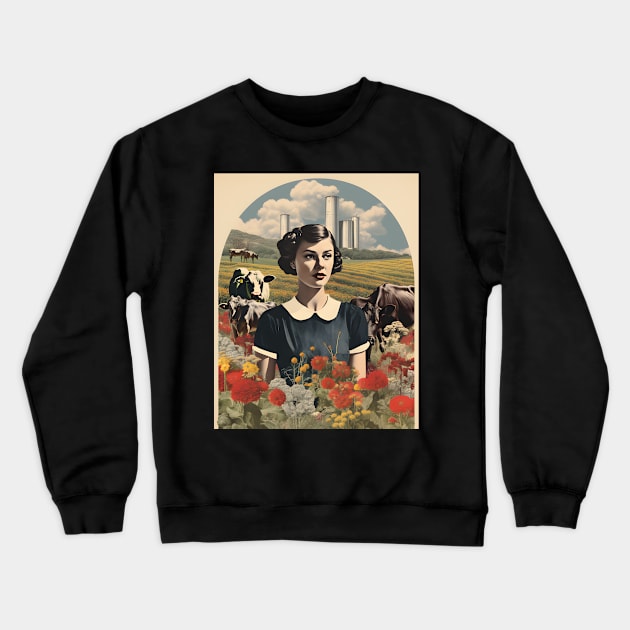 Vintage Farm Girl Pin Up Collage - Retro Chic Art Print Crewneck Sweatshirt by The Whimsical Homestead